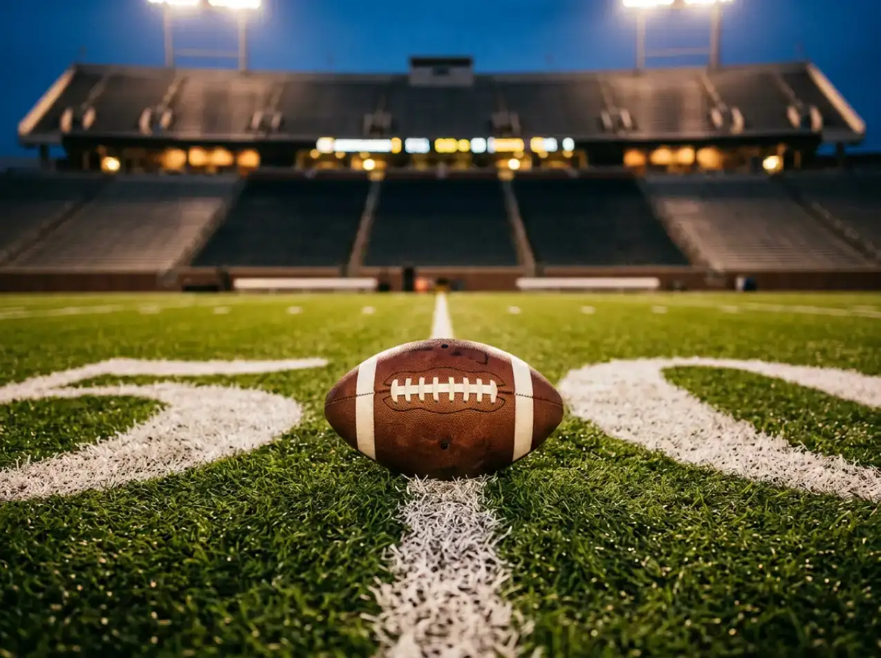 American football on a green gridiron field under stadium lights representing NFL betting in the UK