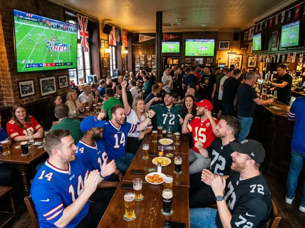 NFL fan crowd at a UK sports bar watching an American football game on multiple screens